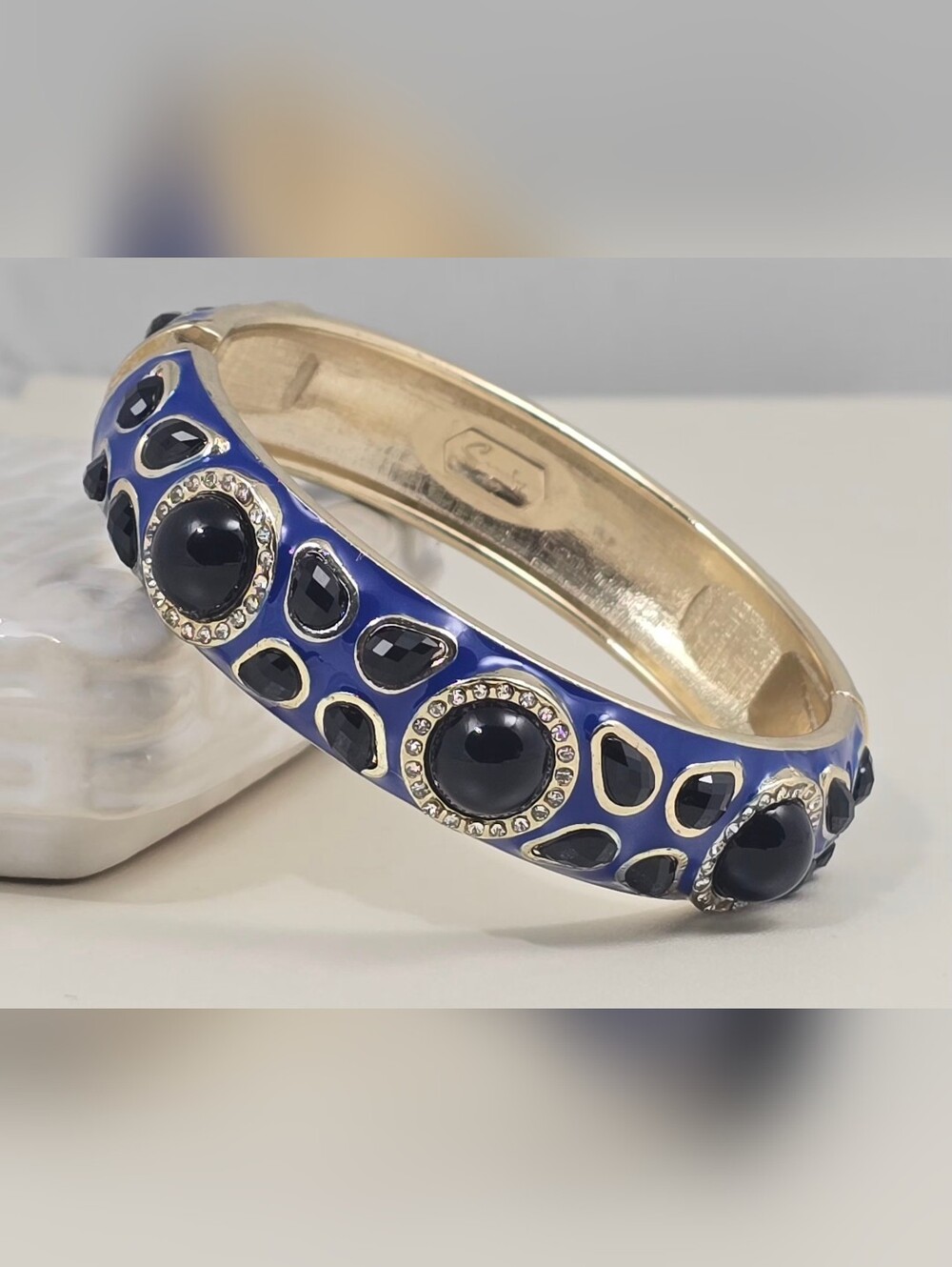 Blue Enamel and Black Stone Bangle Hinged Bracelet